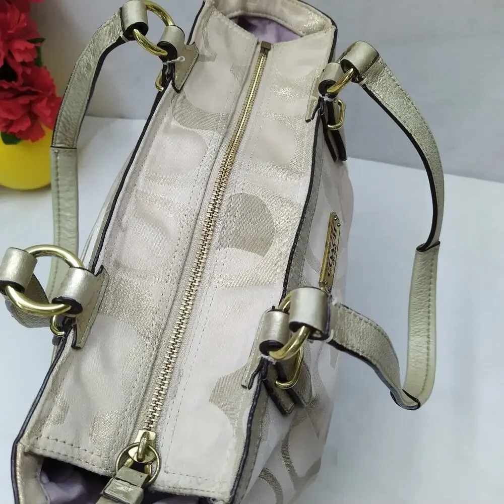 Coach Signature Cream Beige Canvas Leather Trim Double Handles Tote Shoulder Bag